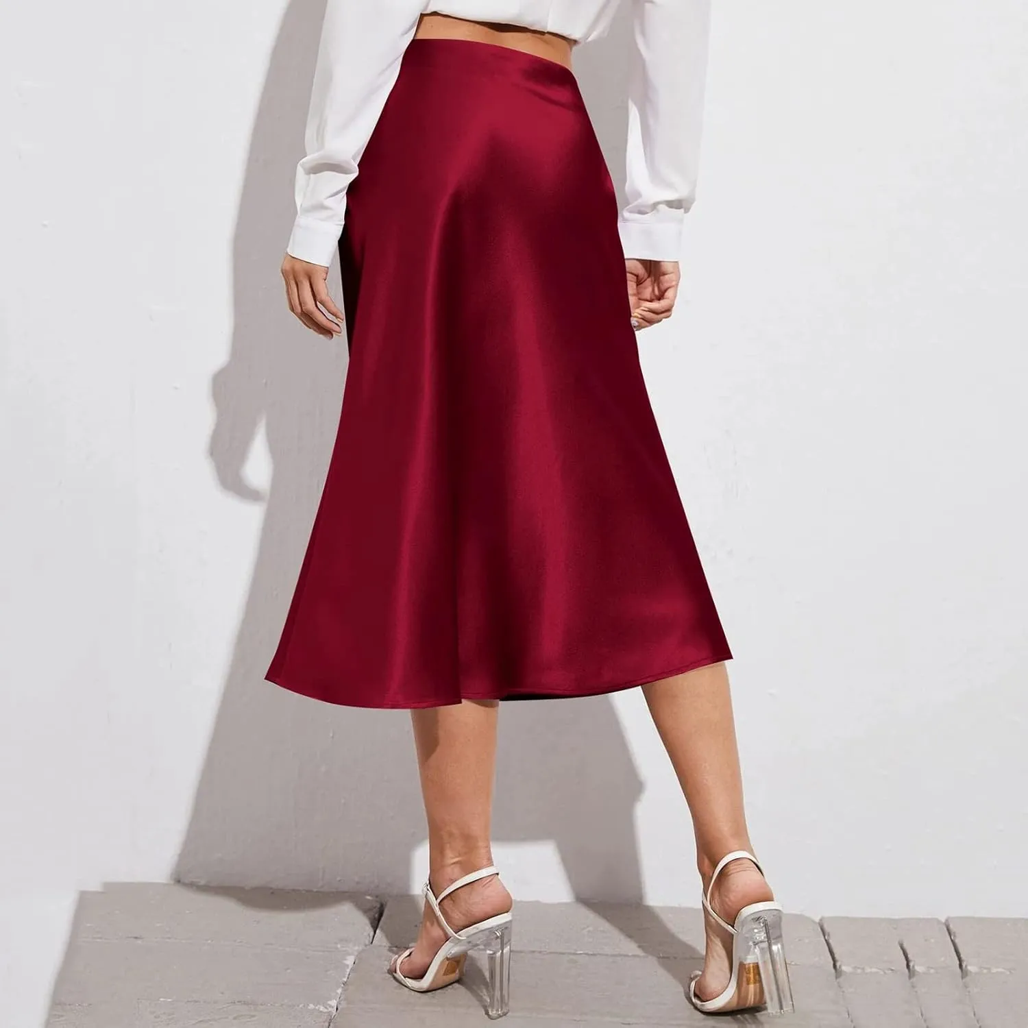 Rvidbe Women's Elastic High Waisted Midi Skirts Summer Dressy Casual Work Office Flowy A-Line Flared Stain Long Skirts