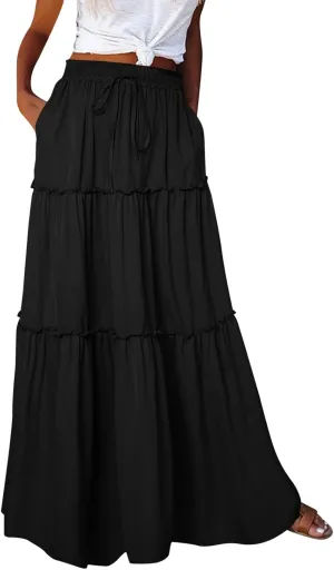 Rvidbe Women's Summer Casual Vacation Boho Maxi Skirt A-Line Flowy Ruffle Tiered Elastic High Waisted Floral Print Long Skirt