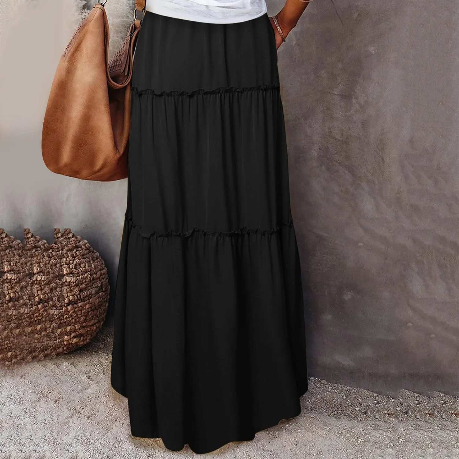 Rvidbe Women's Summer Casual Vacation Boho Maxi Skirt A-Line Flowy Ruffle Tiered Elastic High Waisted Floral Print Long Skirt