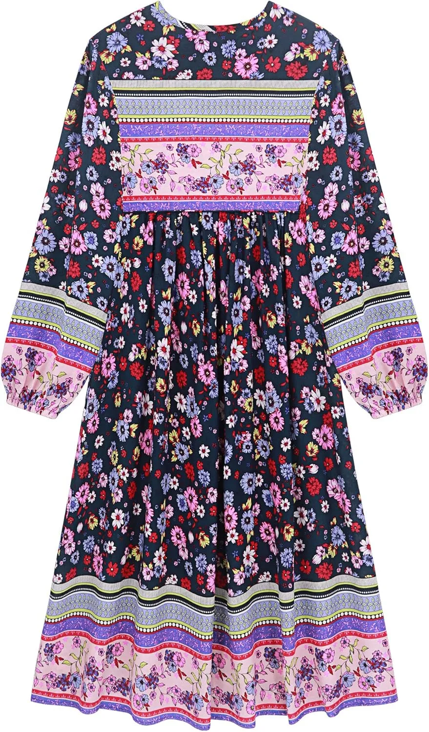 R.Vivimos Women's Long Sleeves Floral Print Retro V Neck Tassel Casual Bohemian Midi Dresses