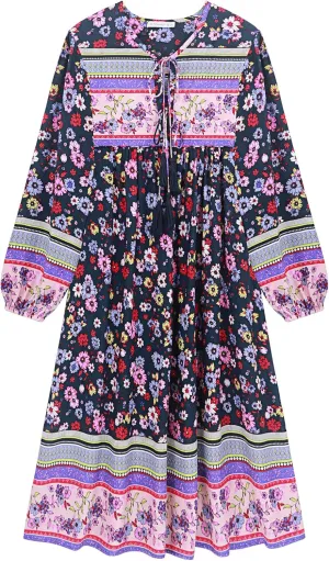R.Vivimos Women's Long Sleeves Floral Print Retro V Neck Tassel Casual Bohemian Midi Dresses
