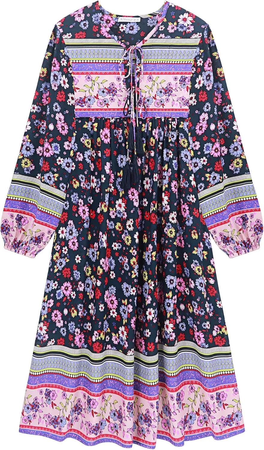 R.Vivimos Women's Long Sleeves Floral Print Retro V Neck Tassel Casual Bohemian Midi Dresses