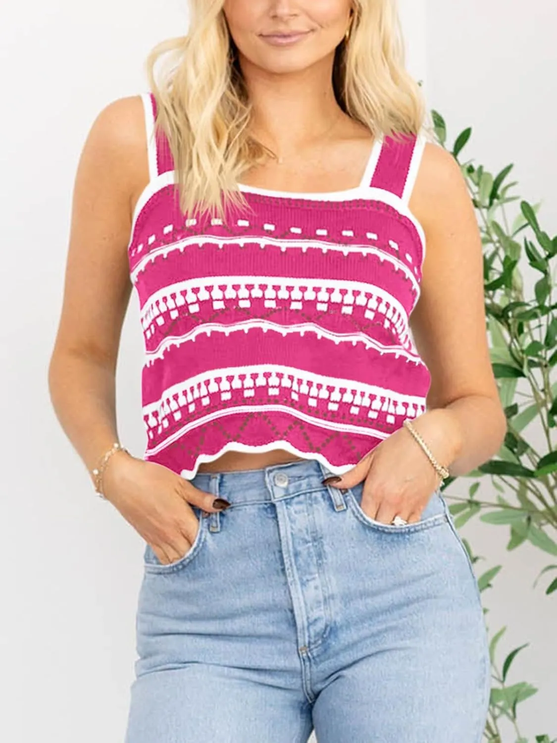 Saodimallsu Womens Striped Crop Tank Top Summer Sleeveless Square Neck Going Out Sexy Y2k Knit Slim Sweater Vest