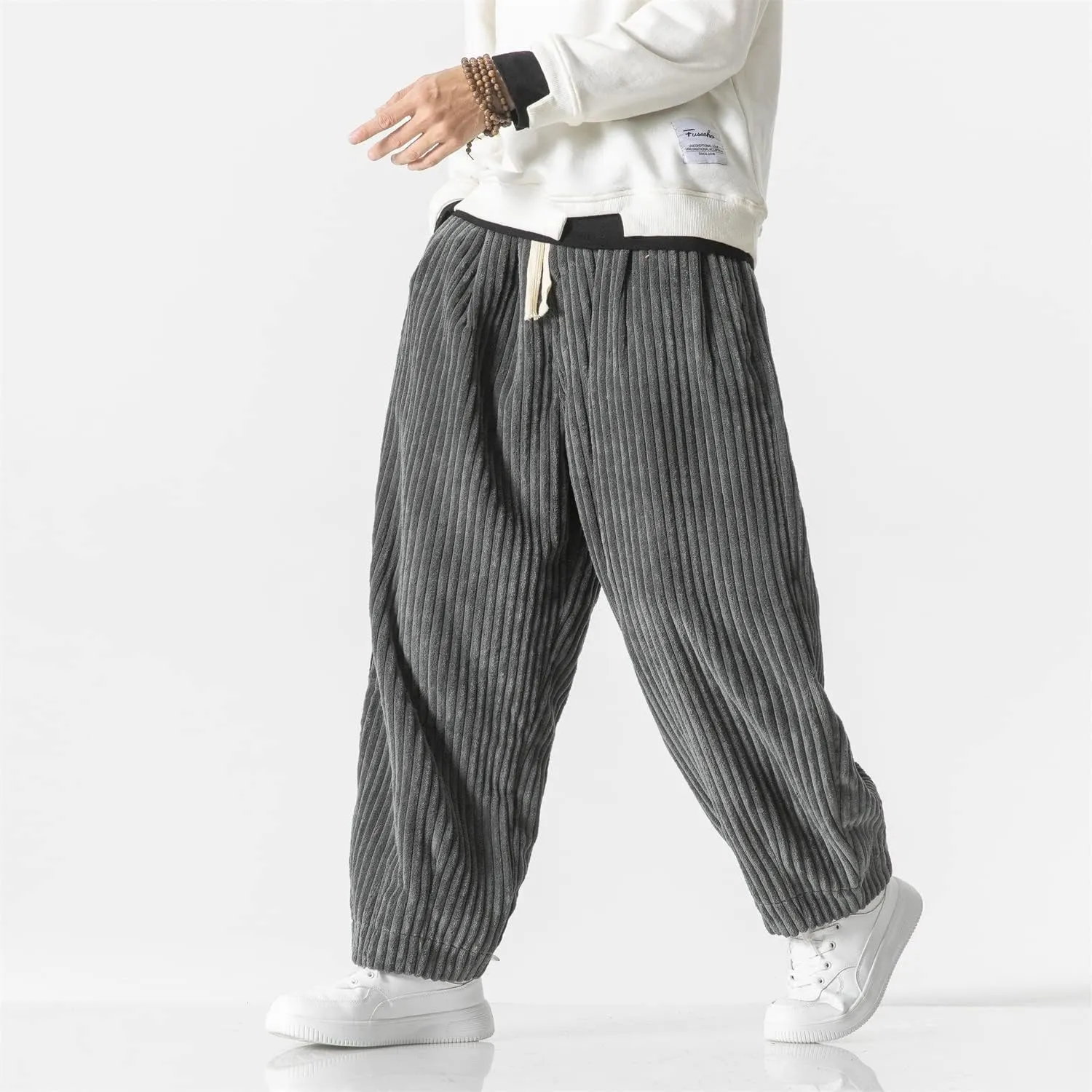 Seidarise Men's Corduroy Pants Straight Baggy Wide Leg Stretch Elastic Waist Drawstring Relaxed Fit Trousers Pant
