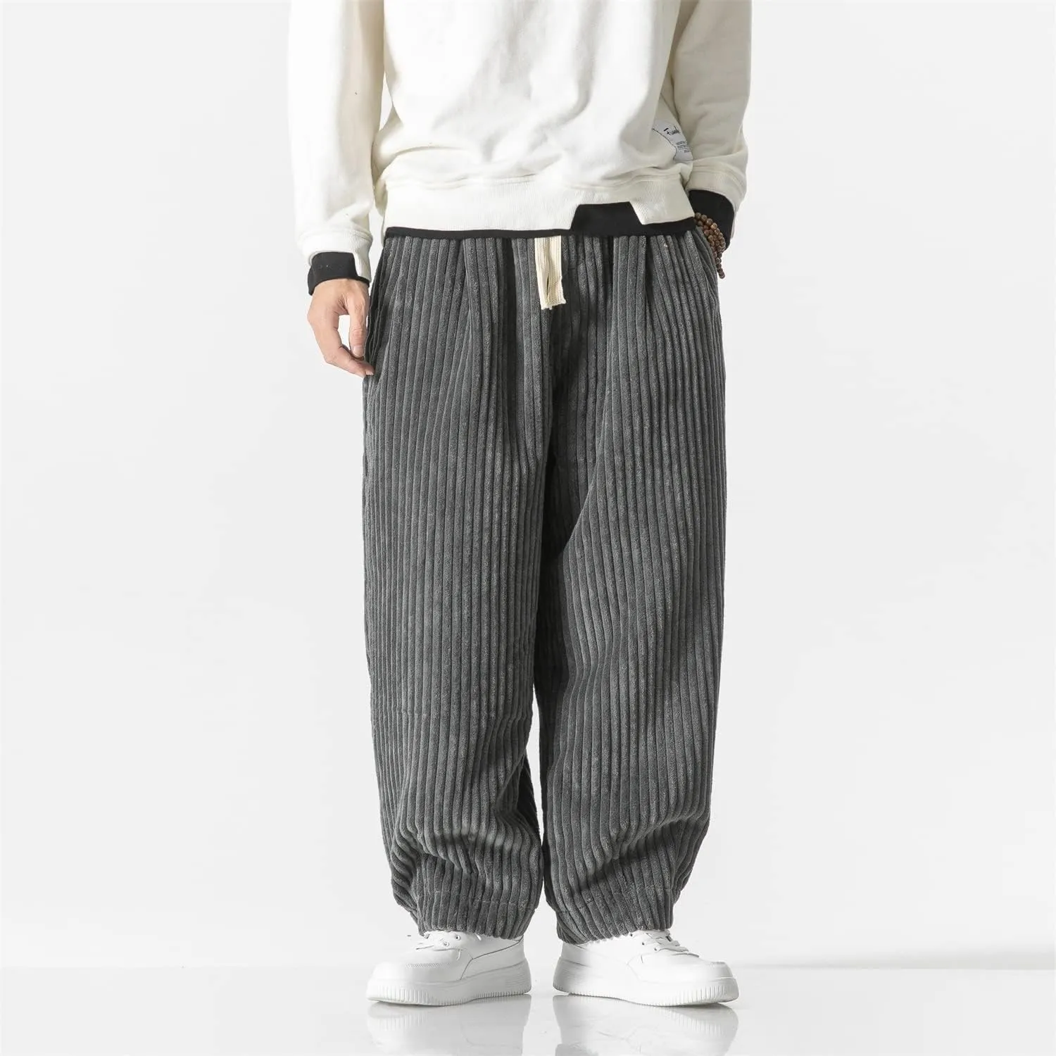 Seidarise Men's Corduroy Pants Straight Baggy Wide Leg Stretch Elastic Waist Drawstring Relaxed Fit Trousers Pant