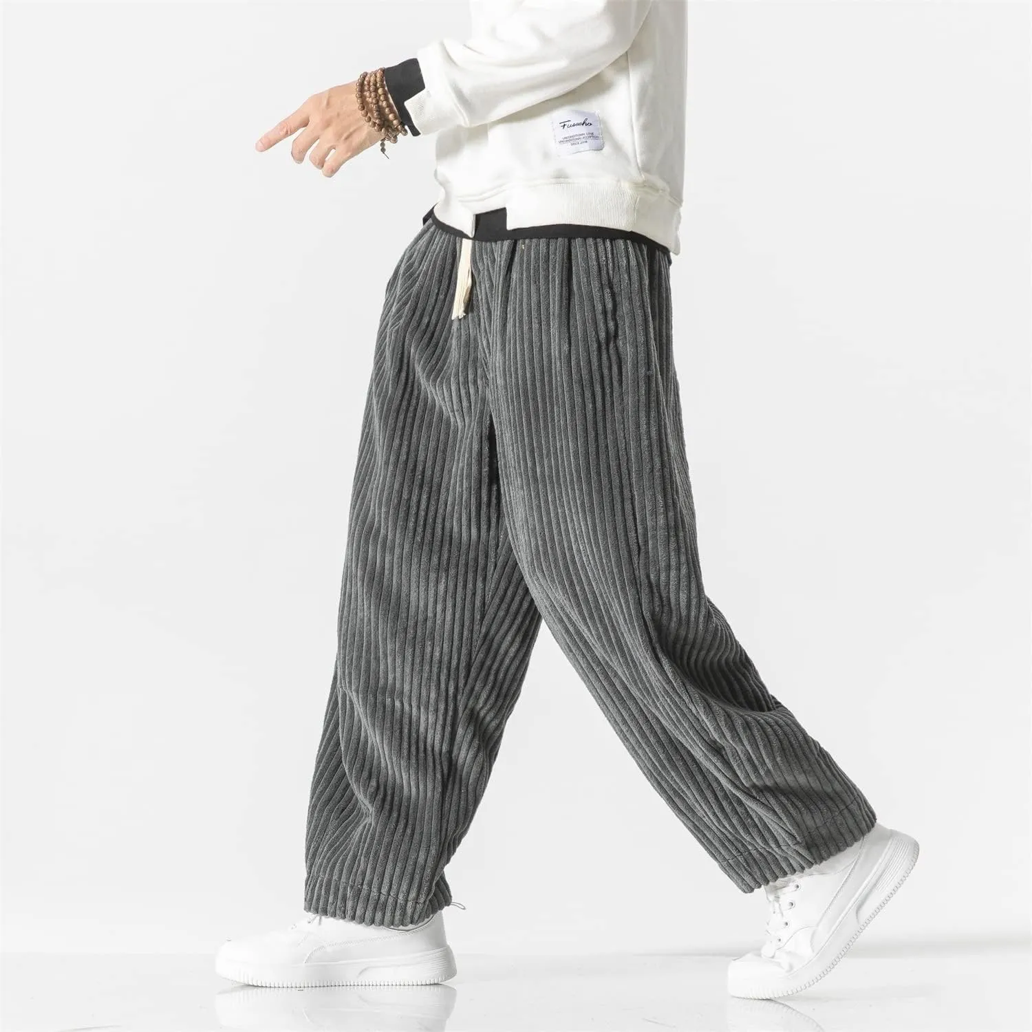 Seidarise Men's Corduroy Pants Straight Baggy Wide Leg Stretch Elastic Waist Drawstring Relaxed Fit Trousers Pant