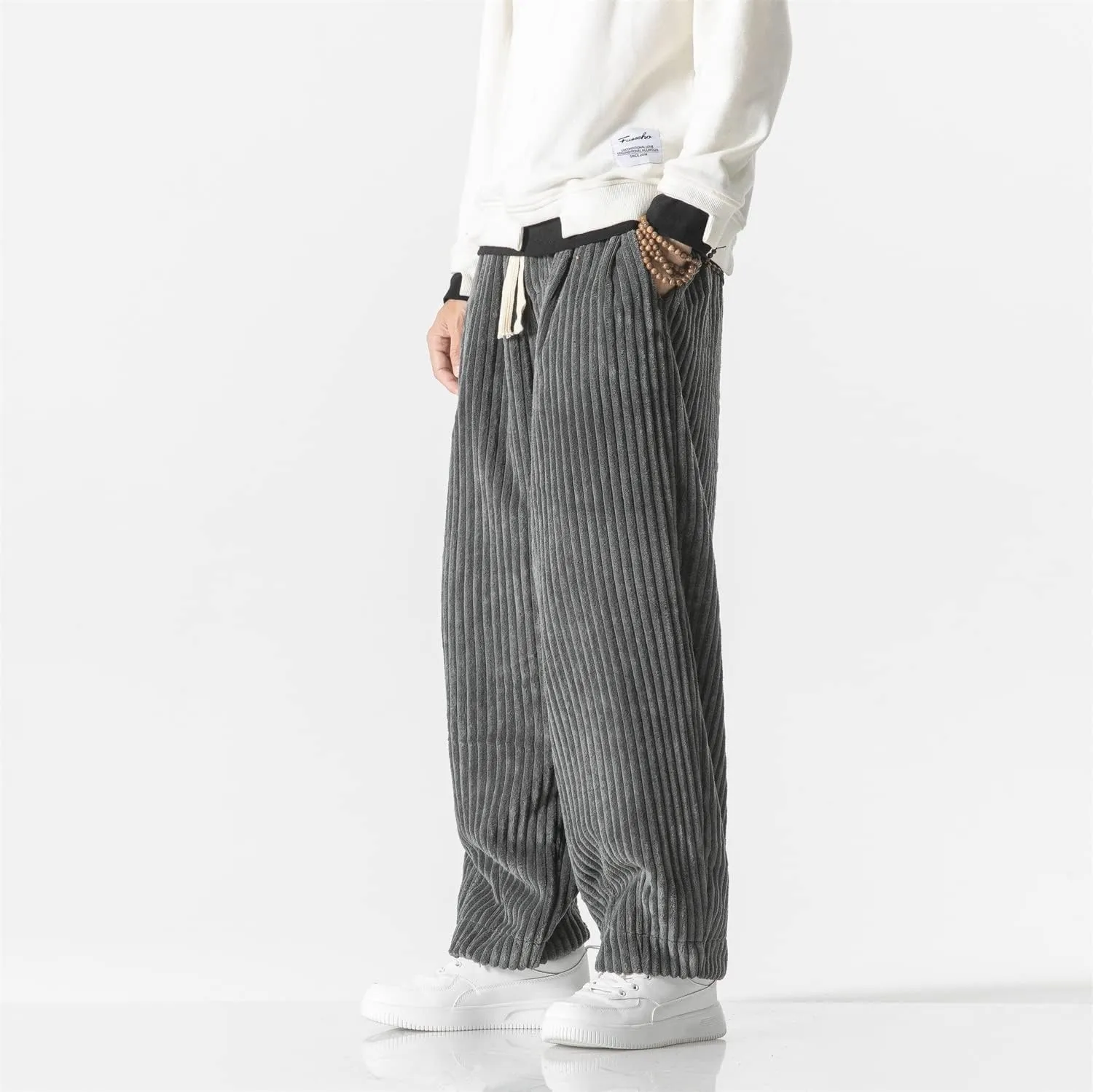 Seidarise Men's Corduroy Pants Straight Baggy Wide Leg Stretch Elastic Waist Drawstring Relaxed Fit Trousers Pant