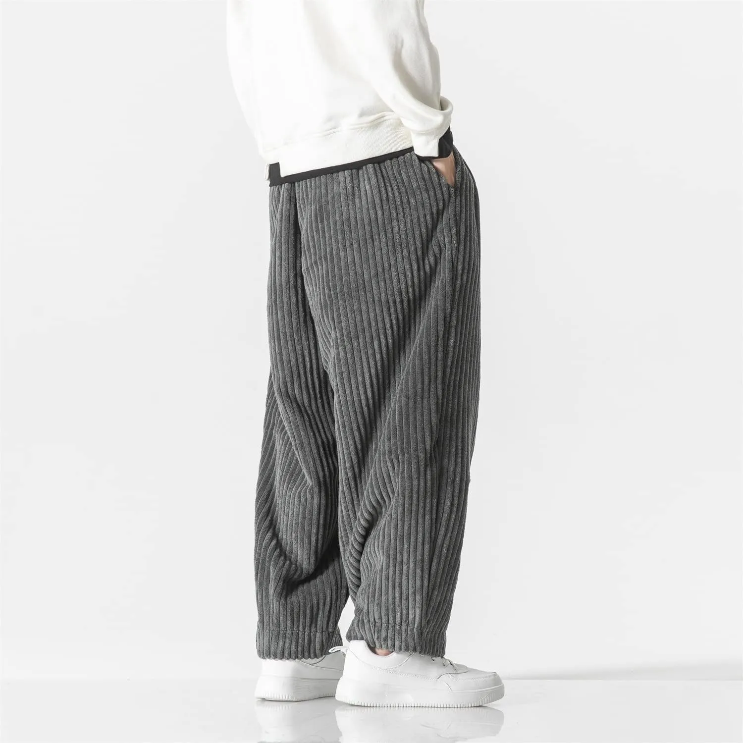 Seidarise Men's Corduroy Pants Straight Baggy Wide Leg Stretch Elastic Waist Drawstring Relaxed Fit Trousers Pant