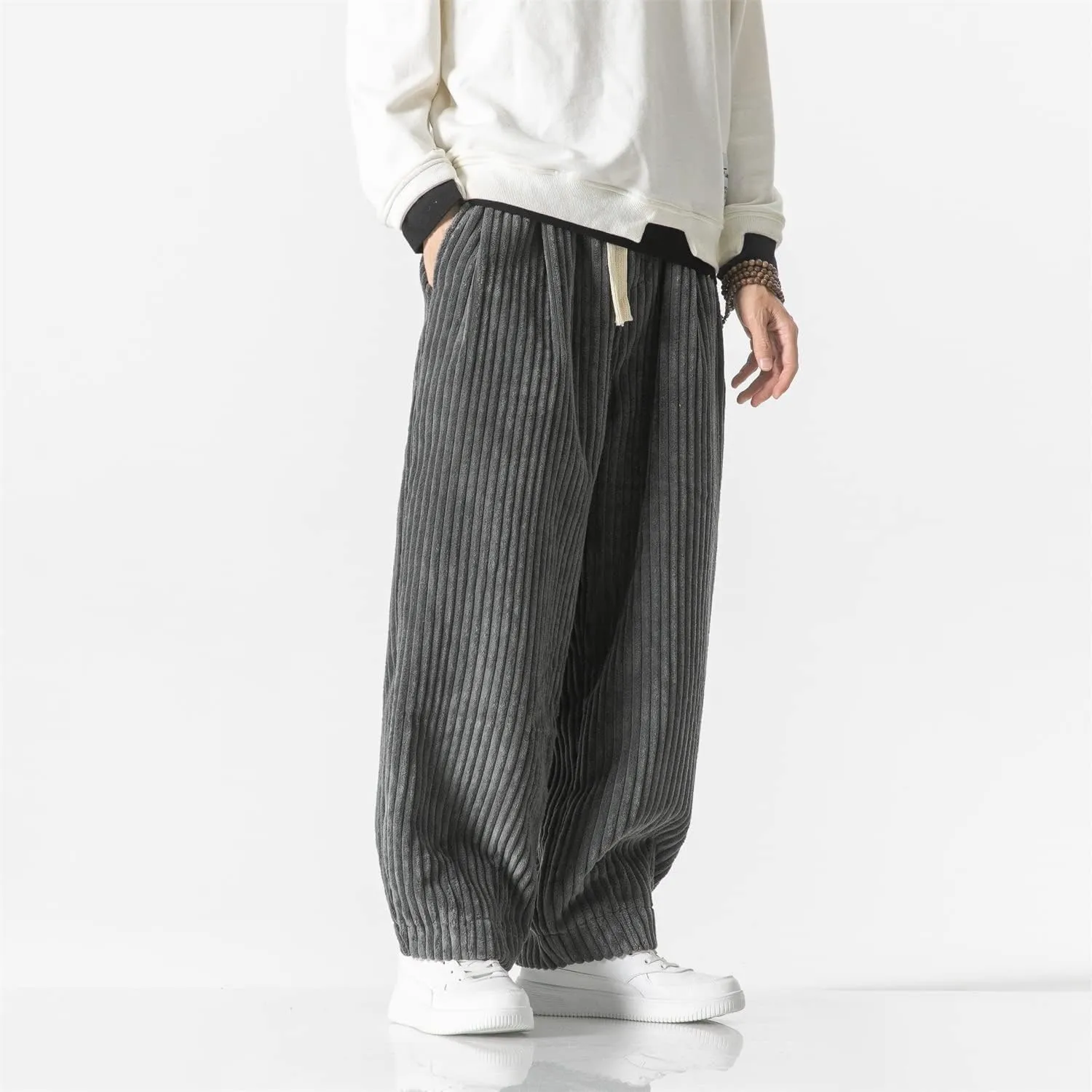 Seidarise Men's Corduroy Pants Straight Baggy Wide Leg Stretch Elastic Waist Drawstring Relaxed Fit Trousers Pant