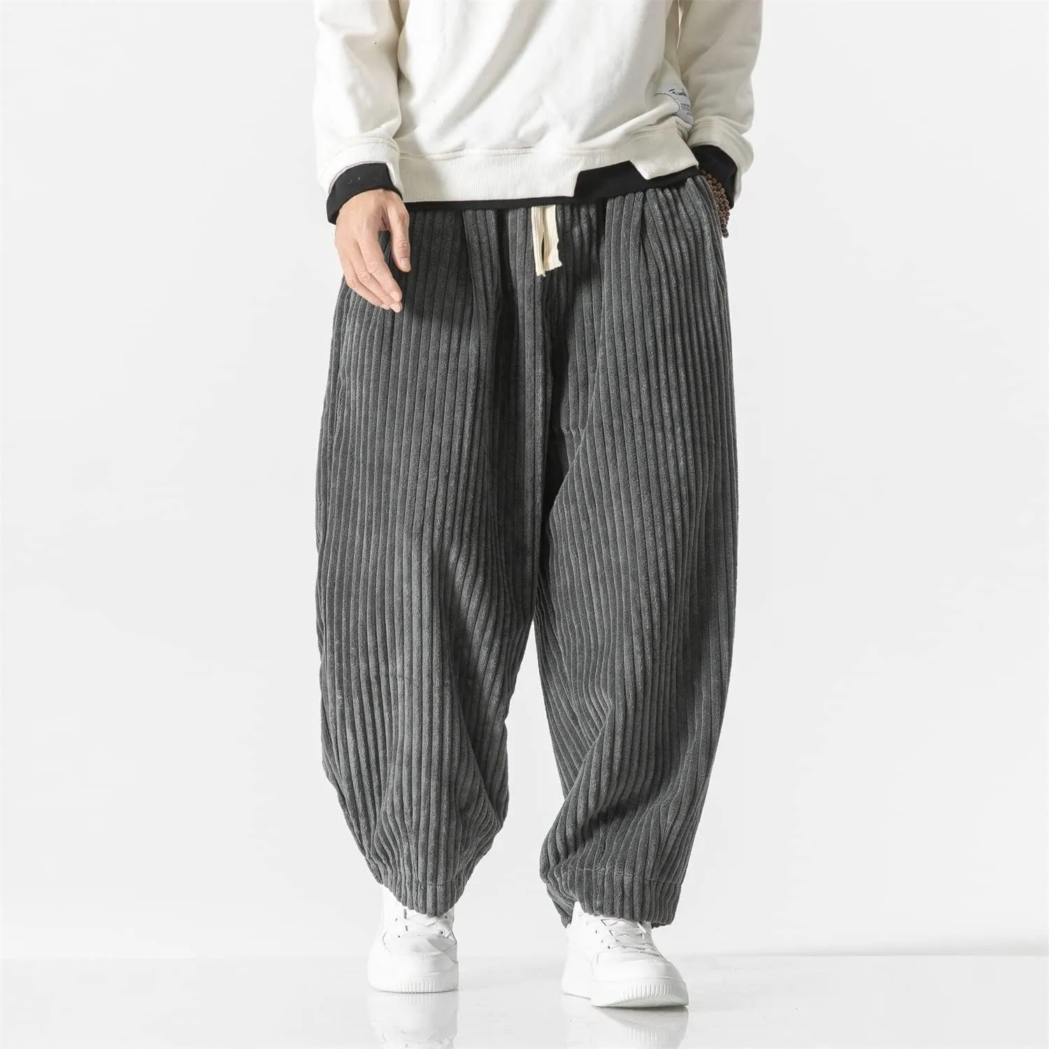 Seidarise Men's Corduroy Pants Straight Baggy Wide Leg Stretch Elastic Waist Drawstring Relaxed Fit Trousers Pant