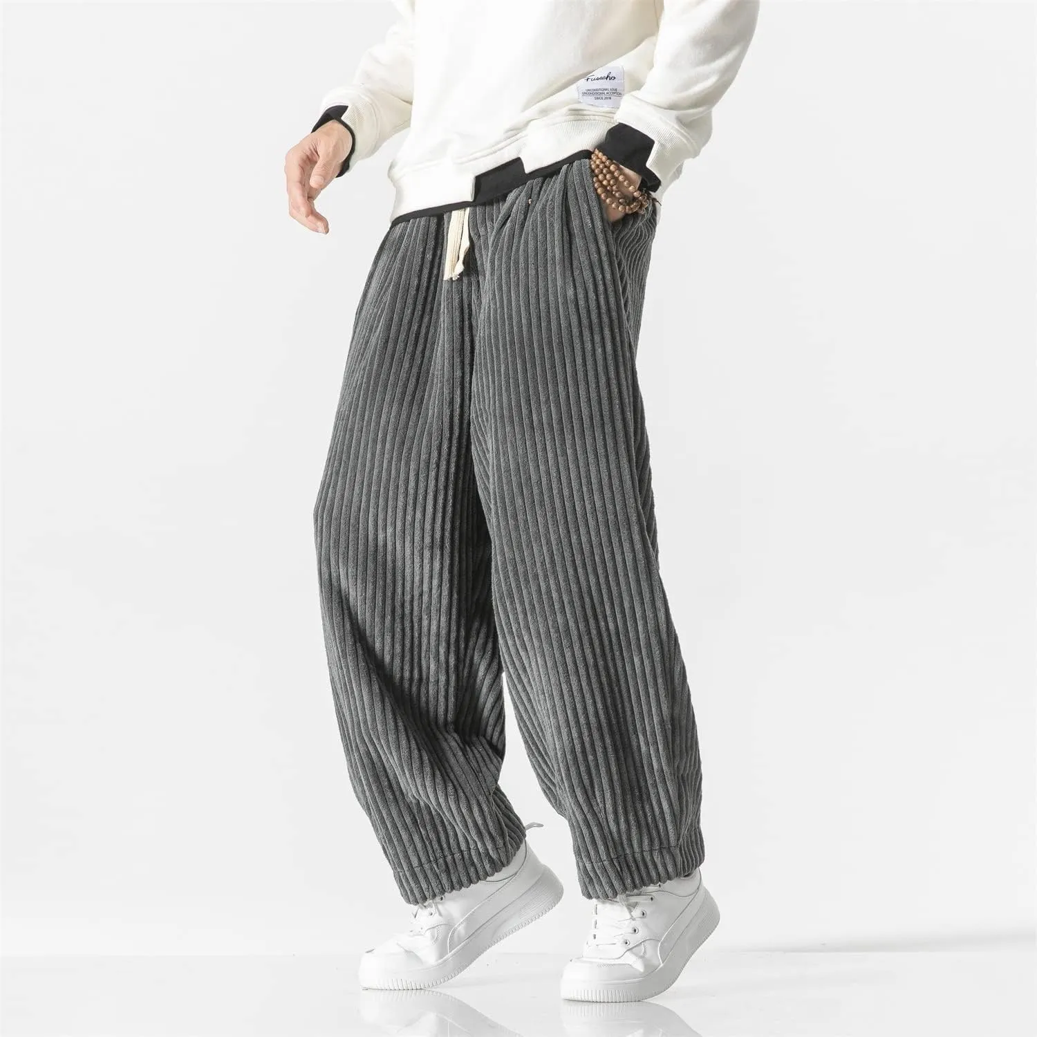 Seidarise Men's Corduroy Pants Straight Baggy Wide Leg Stretch Elastic Waist Drawstring Relaxed Fit Trousers Pant