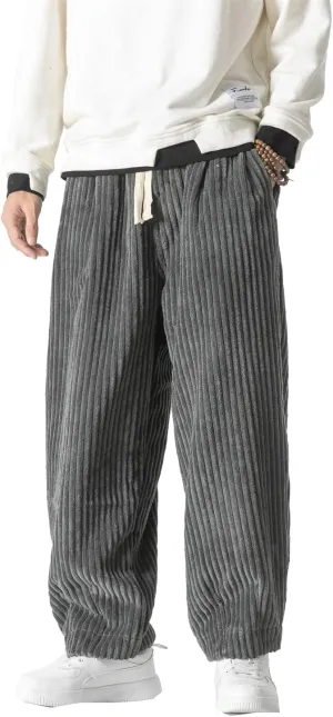 Seidarise Men's Corduroy Pants Straight Baggy Wide Leg Stretch Elastic Waist Drawstring Relaxed Fit Trousers Pant