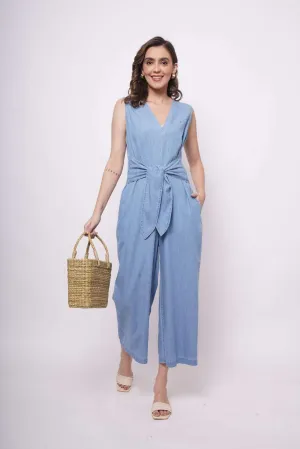 Sleeveless Front Strap Knot Blue Cotton Jumpsuit