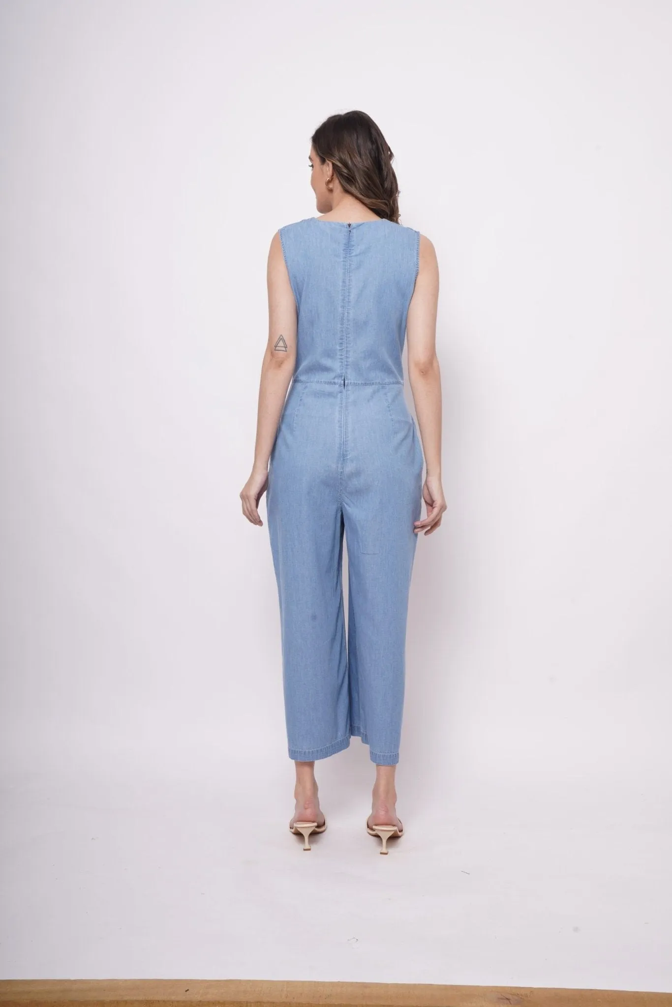 Sleeveless Front Strap Knot Blue Cotton Jumpsuit
