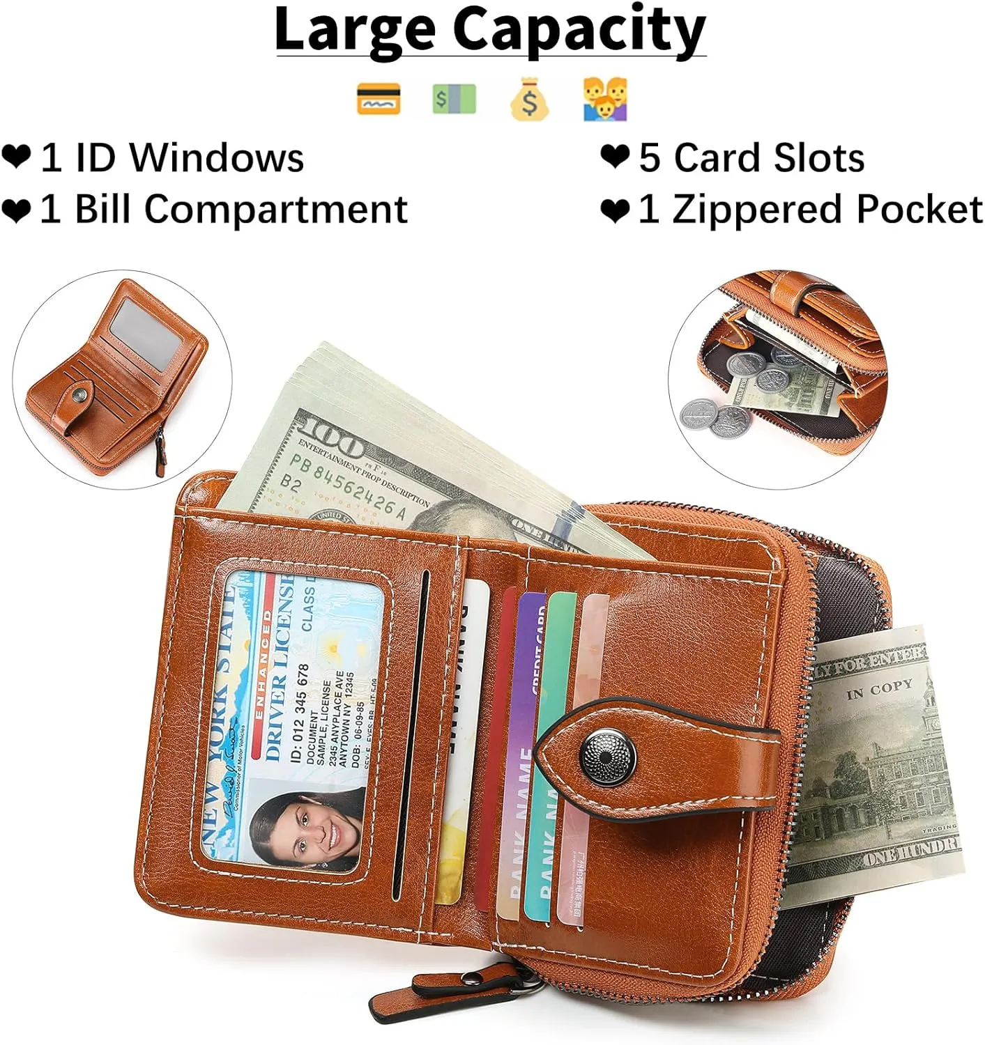 Small Wallet for Women Compact RFID Blocking Leather Bifold Zipper Pocket Wallet Card Case Purse