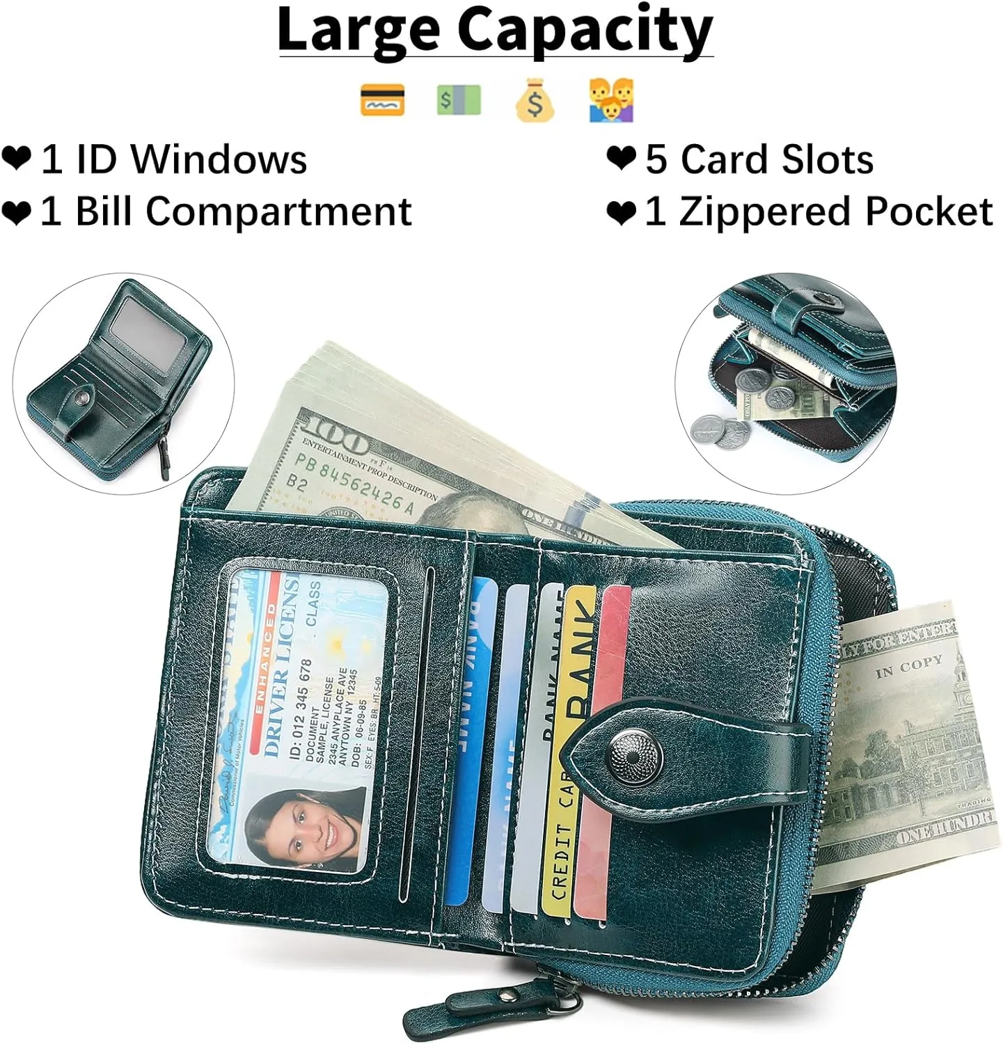 Small Wallet for Women Compact RFID Blocking Leather Bifold Zipper Pocket Wallet Card Case Purse