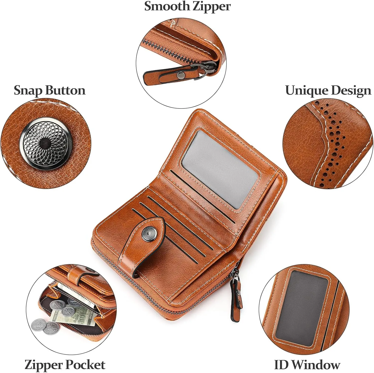 Small Wallet for Women Compact RFID Blocking Leather Bifold Zipper Pocket Wallet Card Case Purse