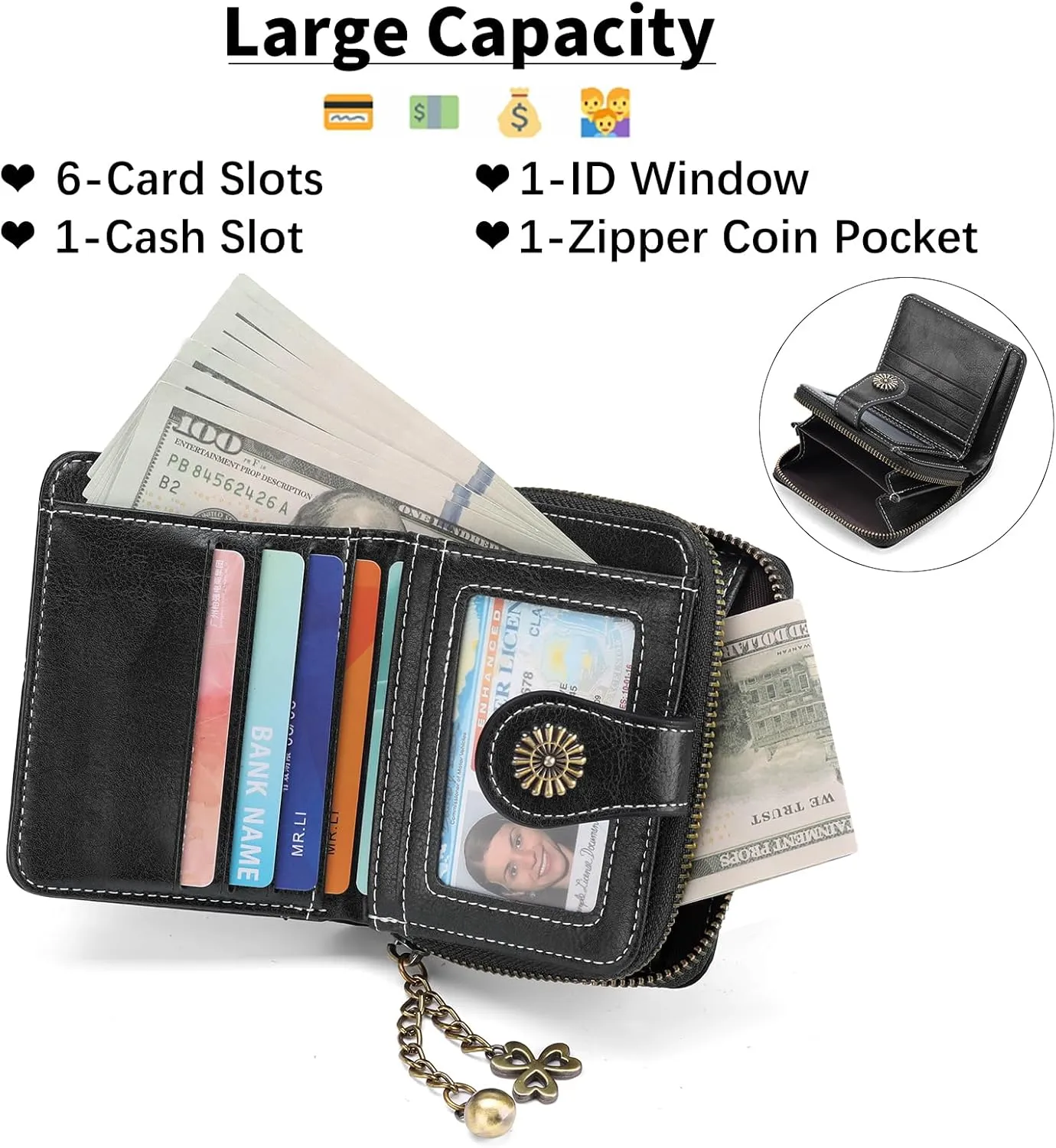 Small Wallet for Women Leather Bifold Compact RFID Blocking with Zipper Coin Pocket