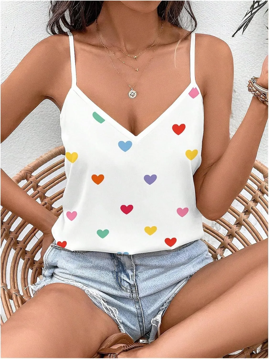 SOLY HUX Women's Heart Print Camisole Top V Neck Spaghetti Strap Dressy Casual Tops