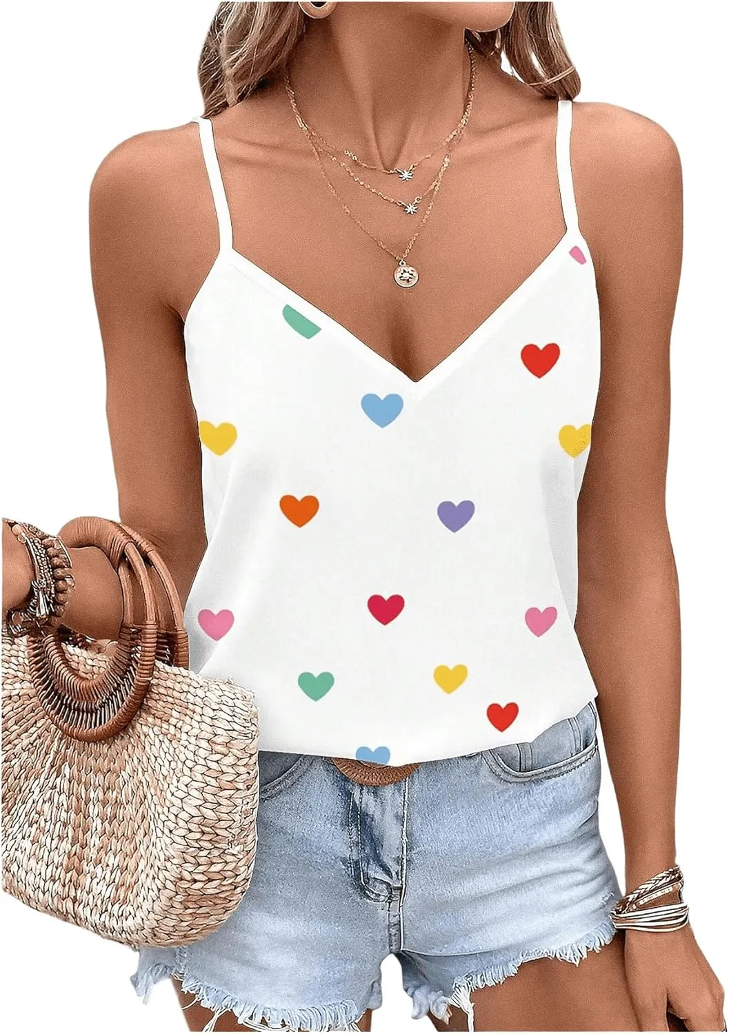 SOLY HUX Women's Heart Print Camisole Top V Neck Spaghetti Strap Dressy Casual Tops