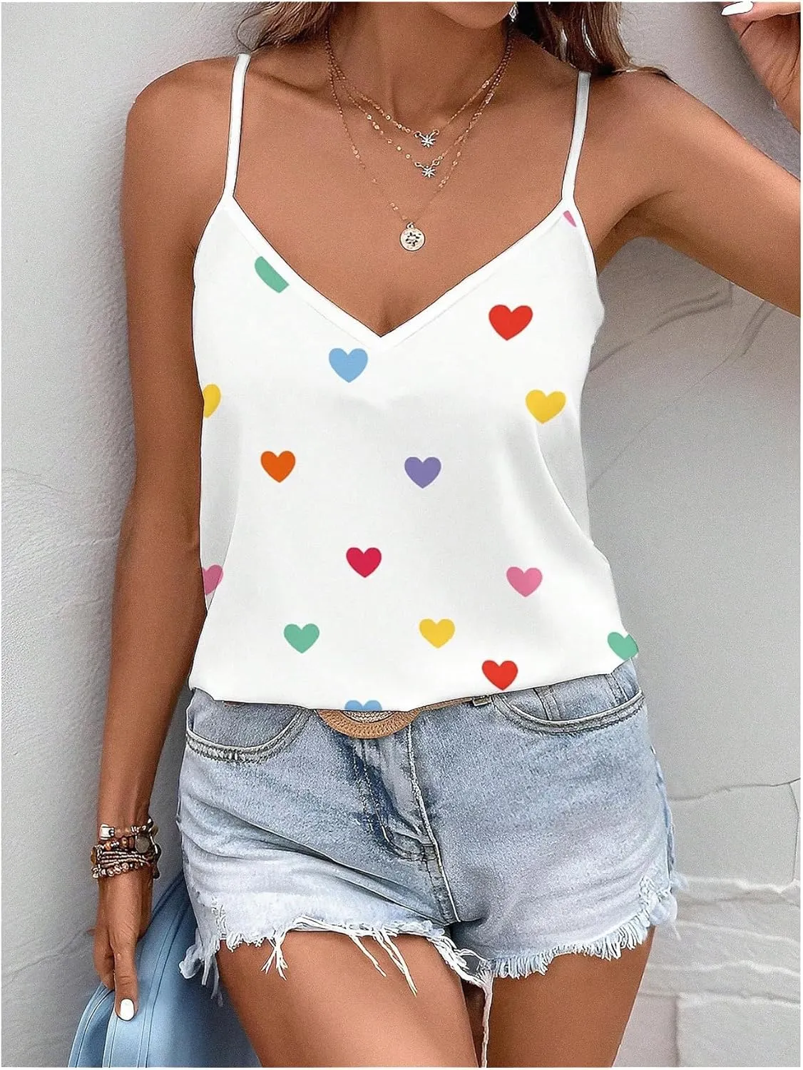 SOLY HUX Women's Heart Print Camisole Top V Neck Spaghetti Strap Dressy Casual Tops