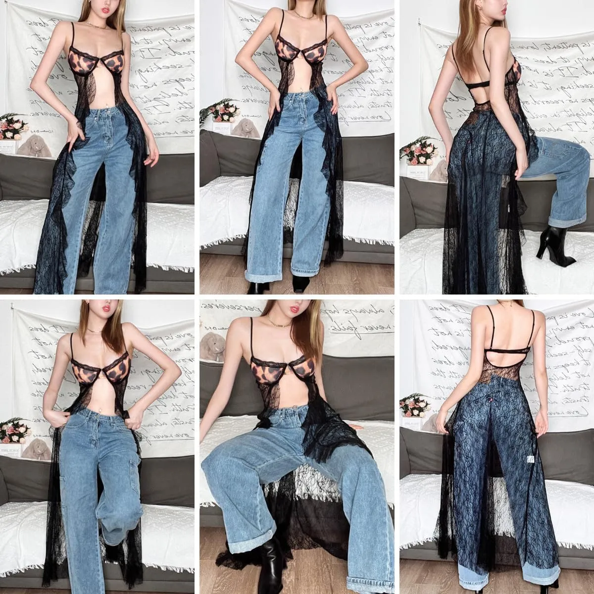 Suillty Women's Leopard Spaghetti Strap Mesh Lace Long Tank Tops Sexy Backless Maxi Dress Tops Camisole for Party Club