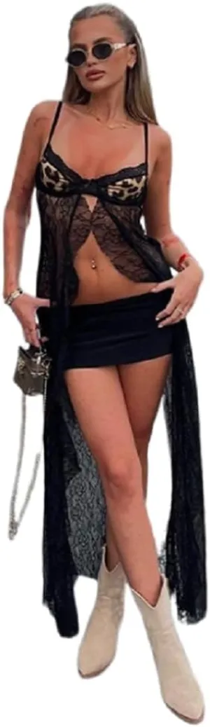 Suillty Women's Leopard Spaghetti Strap Mesh Lace Long Tank Tops Sexy Backless Maxi Dress Tops Camisole for Party Club