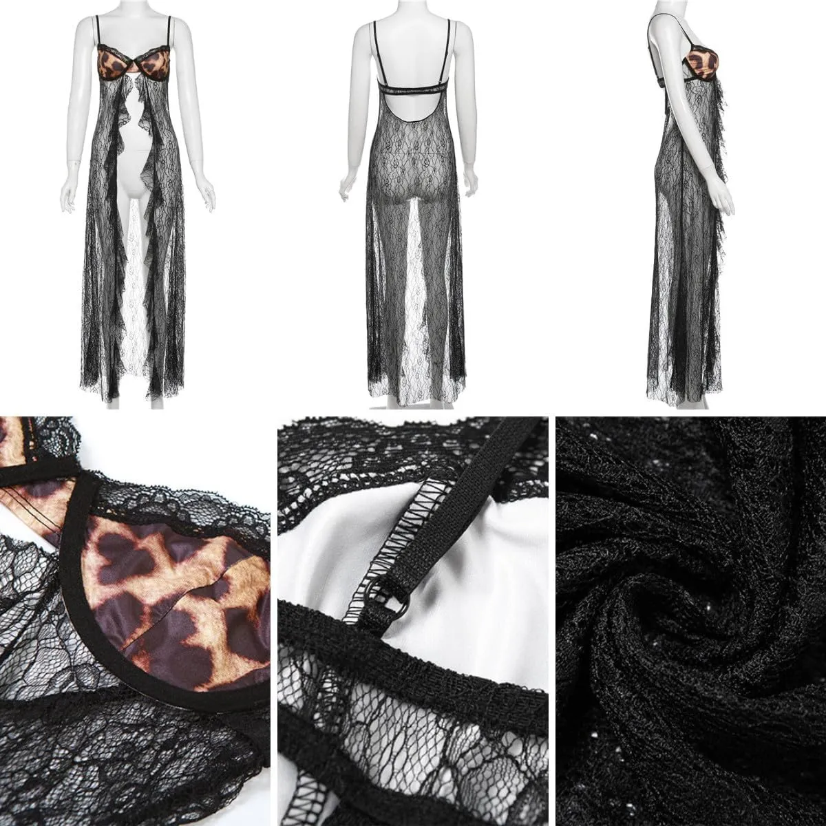 Suillty Women's Leopard Spaghetti Strap Mesh Lace Long Tank Tops Sexy Backless Maxi Dress Tops Camisole for Party Club