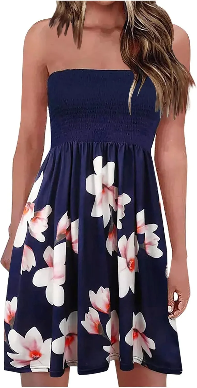 Summer Boho Dresses for Women 2024 Sexy Strapless Sundress Off The Shoulder Beach Dresses Tube Top Dress Trendy