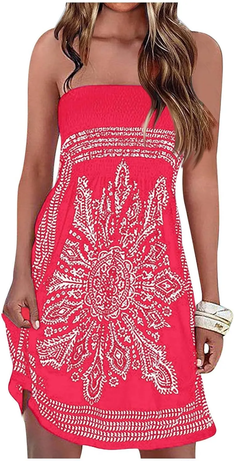 Summer Boho Dresses for Women 2024 Sexy Strapless Sundress Off The Shoulder Beach Dresses Tube Top Dress Trendy