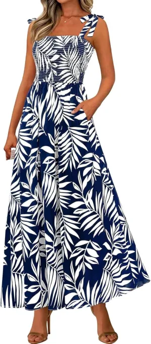 Summer Dresses for Women 2025 Sleeveless Smocked Boho Floral Maxi Dresses Spaghetti Strap Beach Sundress with Pockets