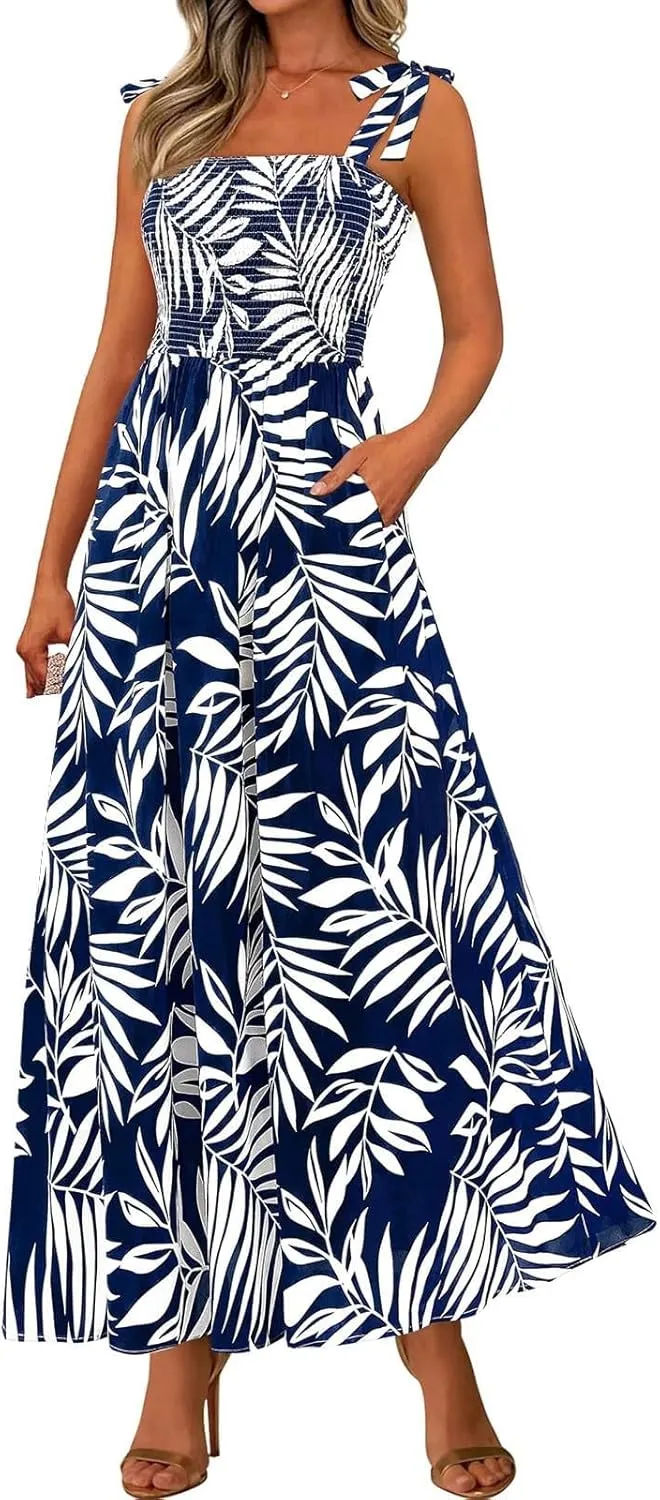 Summer Dresses for Women 2025 Sleeveless Smocked Boho Floral Maxi Dresses Spaghetti Strap Beach Sundress with Pockets