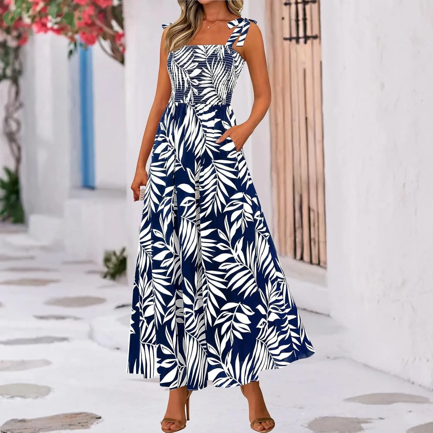 Summer Dresses for Women 2025 Sleeveless Smocked Boho Floral Maxi Dresses Spaghetti Strap Beach Sundress with Pockets