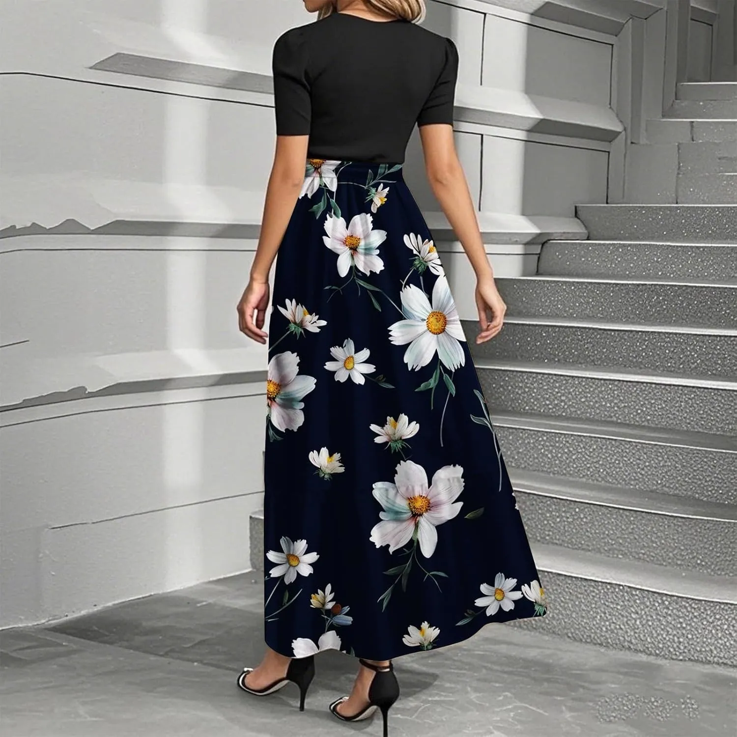 Summer Short Sleeve A-line Round Neck Beach Sundress for Women 2025 Business Boho Floral Printed Dress