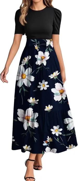 Summer Short Sleeve A-line Round Neck Beach Sundress for Women 2025 Business Boho Floral Printed Dress