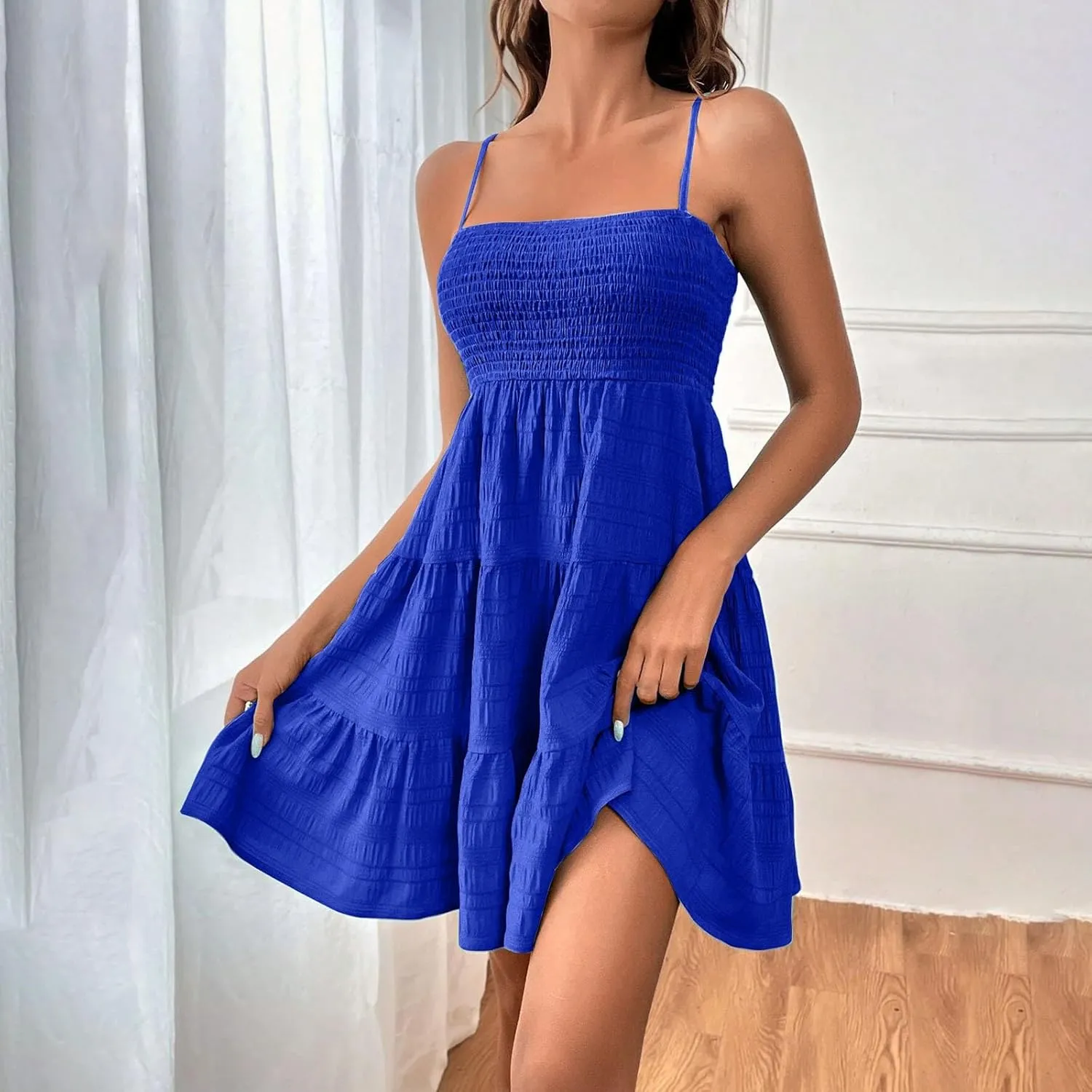 Sundresses for Women Smocked Spaghetti Strap Square Neck Mini Babydoll Dress Casual Summer Flowy Tiered Ruffle Dress