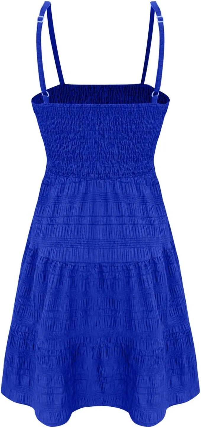 Sundresses for Women Smocked Spaghetti Strap Square Neck Mini Babydoll Dress Casual Summer Flowy Tiered Ruffle Dress