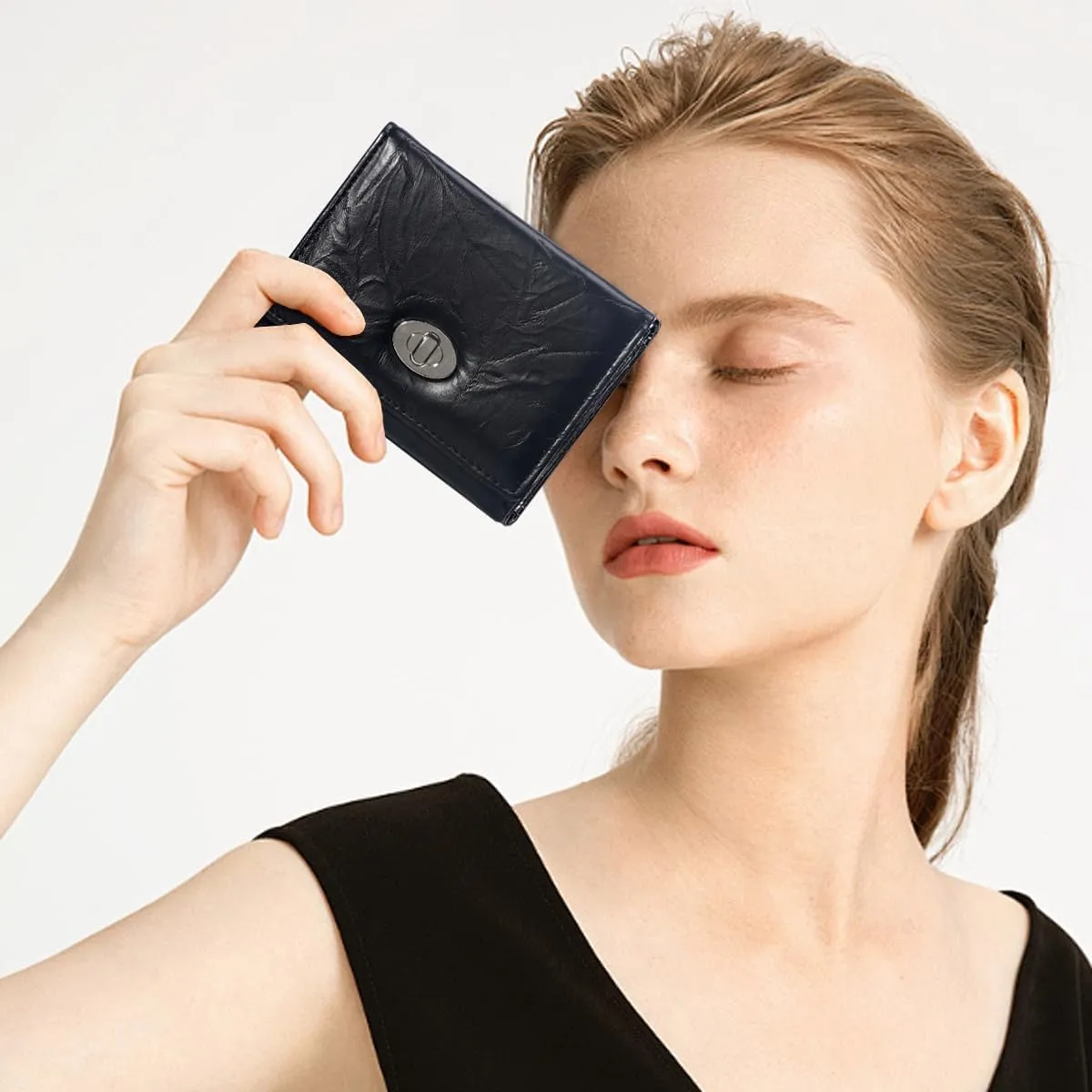 Sunwel Fashion Women Mini Textured Wallet Compact Folding Wallet with Card Slots & ID Window (BLACK)