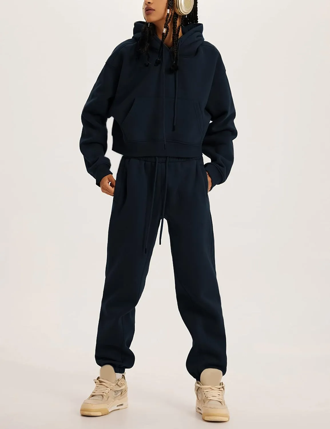 Sweatsuits for Women 2 Piece Set Crop Fleece Lining Hoodies Jogger Sweatpants Sweat Suits