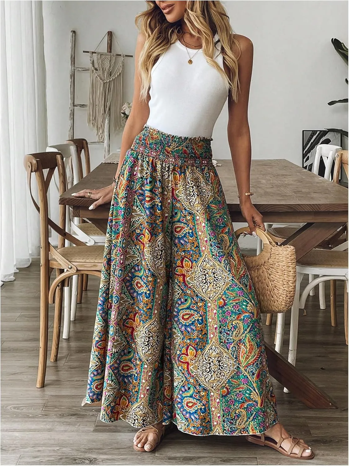 SweatyRocks Women's Paisley Print Wide Leg Pants High Waisted Vacation Boho Trousers