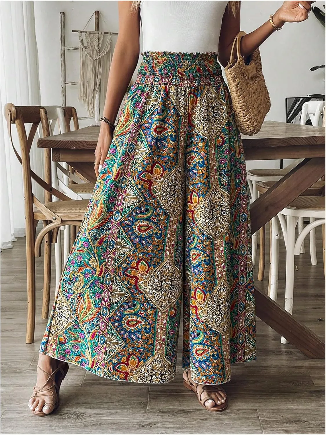 SweatyRocks Women's Paisley Print Wide Leg Pants High Waisted Vacation Boho Trousers