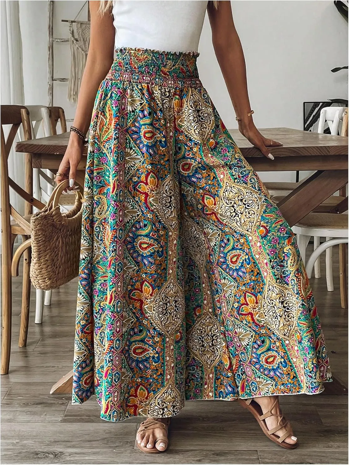 SweatyRocks Women's Paisley Print Wide Leg Pants High Waisted Vacation Boho Trousers