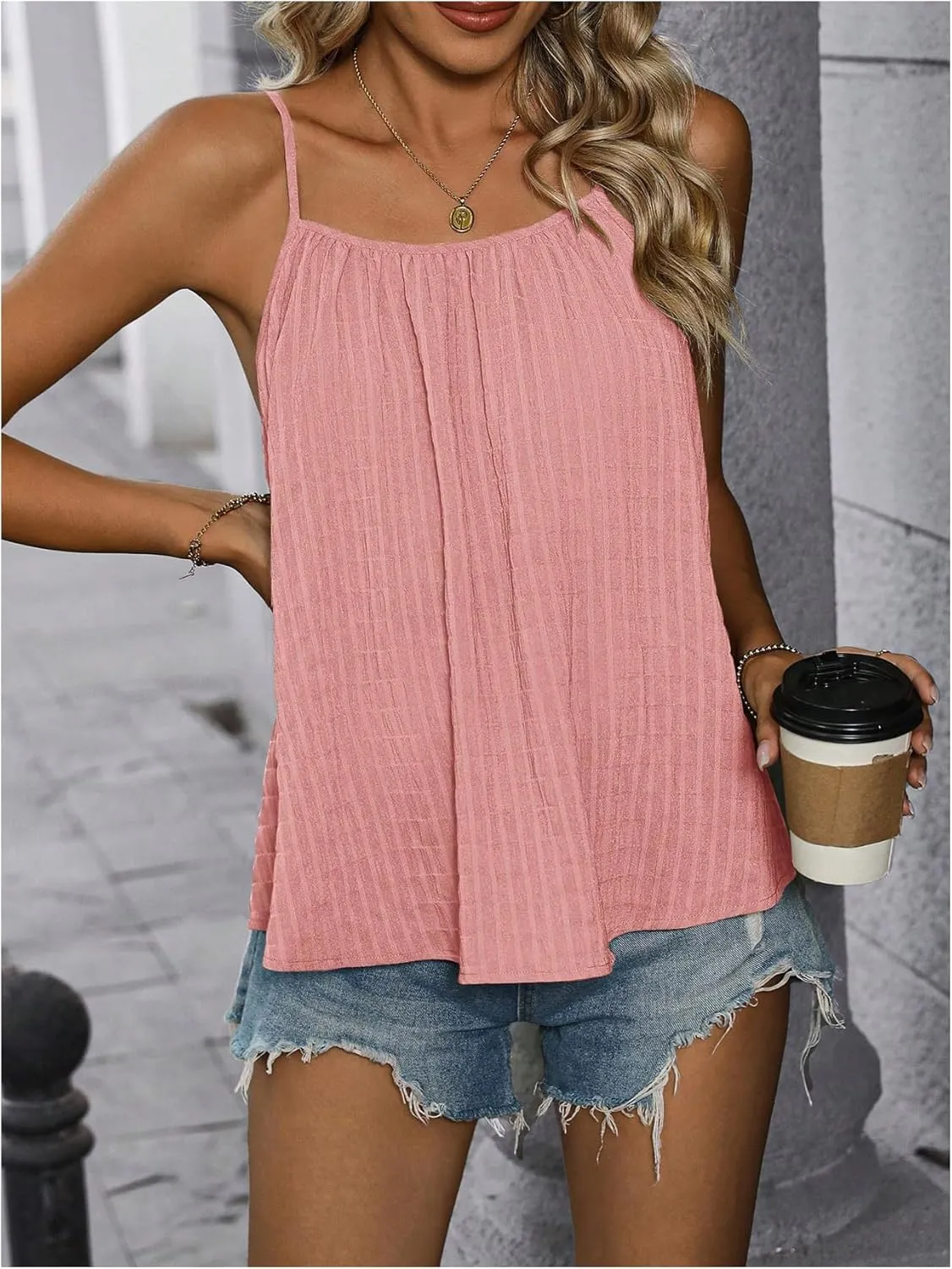 SweatyRocks Women's Summer Tank Top Spaghetti Strap Pleated Camisole Sleeveless Loose Cami Tops