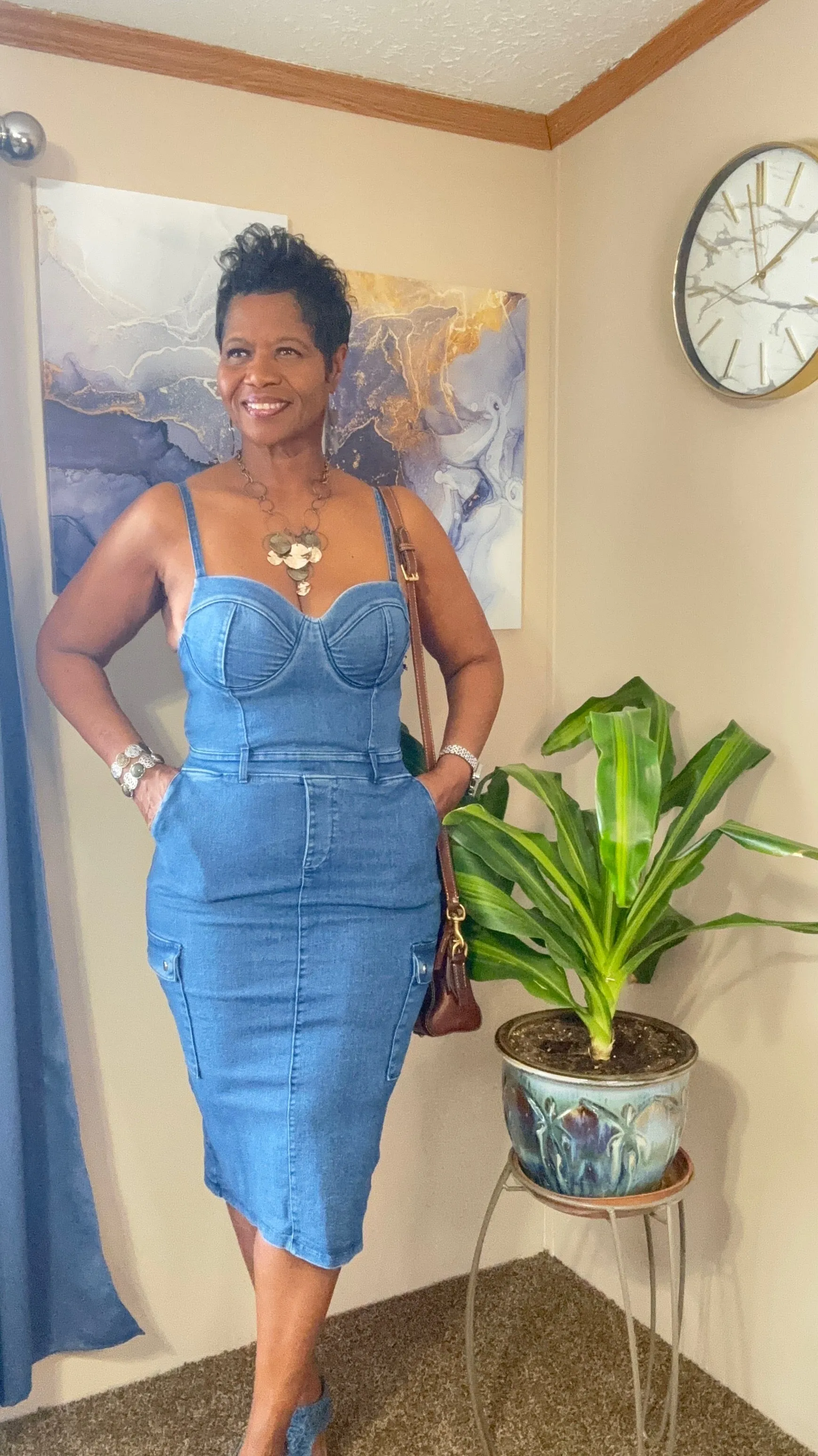 Switching sides spaghetti strap denim dress