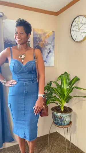 Switching sides spaghetti strap denim dress