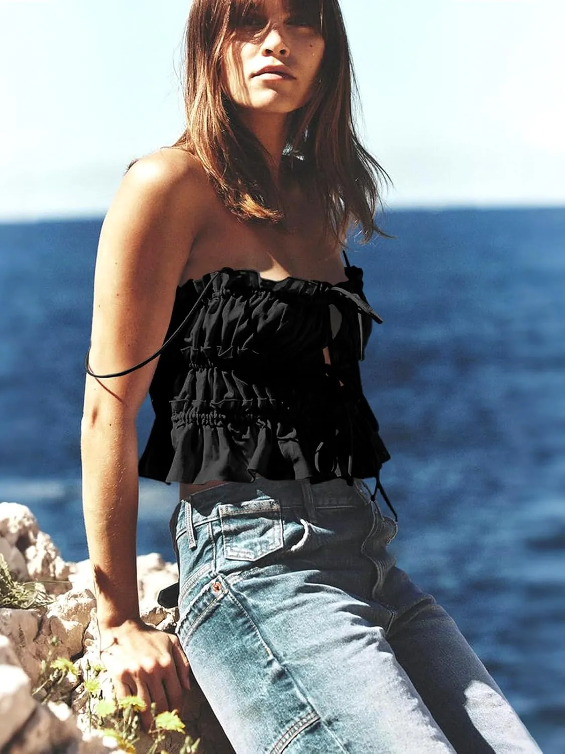 Tankaneo Womens Summer Tie Front Crop Tops Cute Ruffle Ruched Spaghetti Strap Tank Tops Y2K Going Out Shirts