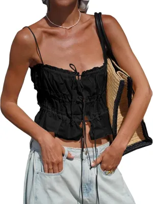 Tankaneo Womens Summer Tie Front Crop Tops Cute Ruffle Ruched Spaghetti Strap Tank Tops Y2K Going Out Shirts