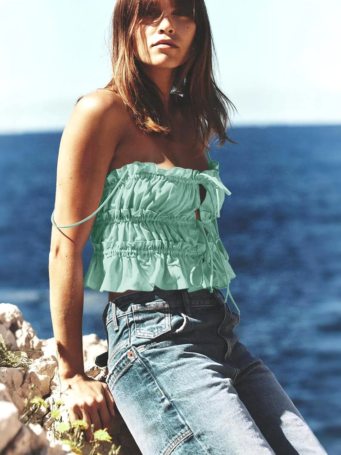 Tankaneo Womens Summer Tie Front Crop Tops Cute Ruffle Ruched Spaghetti Strap Tank Tops Y2K Going Out Shirts