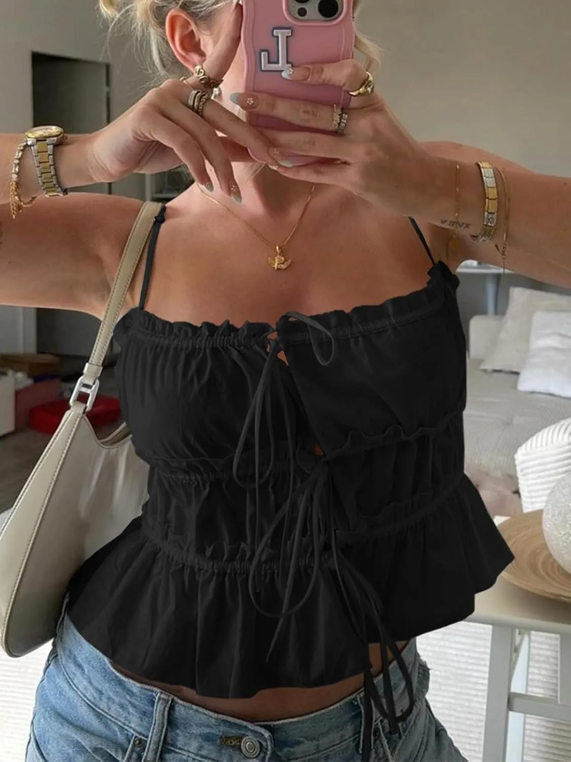 Tankaneo Womens Summer Tie Front Crop Tops Cute Ruffle Ruched Spaghetti Strap Tank Tops Y2K Going Out Shirts