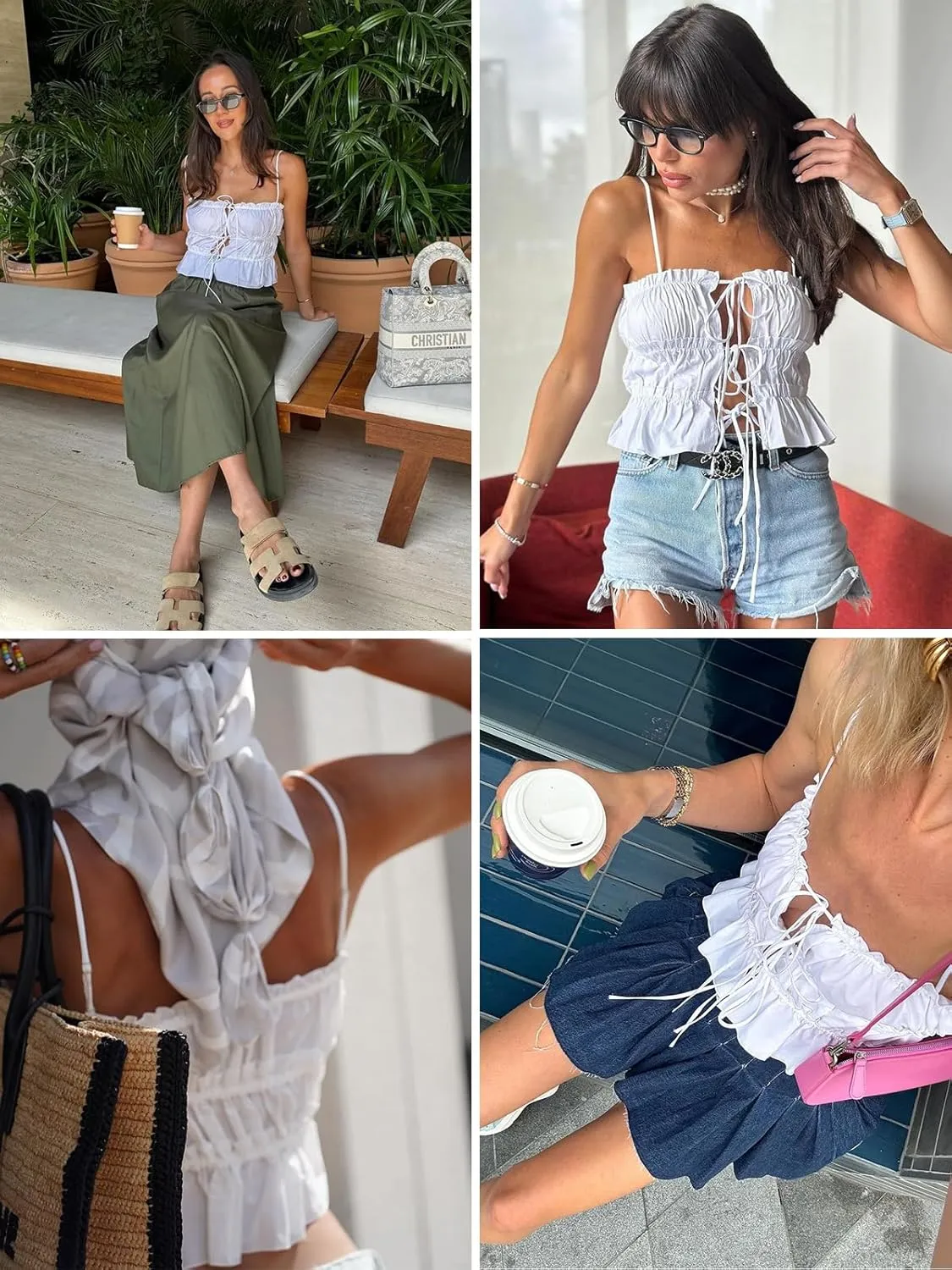 Tankaneo Womens Summer Tie Front Crop Tops Cute Ruffle Ruched Spaghetti Strap Tank Tops Y2K Going Out Shirts